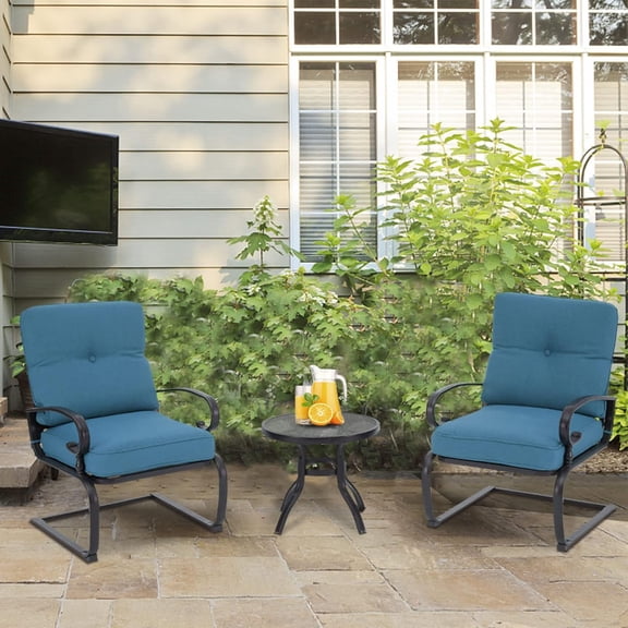 Outdoor Furniture 3Pcs Patio Bistro Set, Springs Motion Chairs and Bistro Round Table Set, Metal Small Patio Conversation Set with Cushions (Peacock Blue)