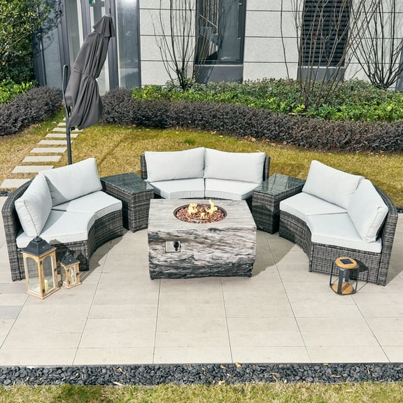 Outdoor Furniture 6-Piece Half-Moon Wicker Sectional Sofa Set with Rectangle Fire Pit Table