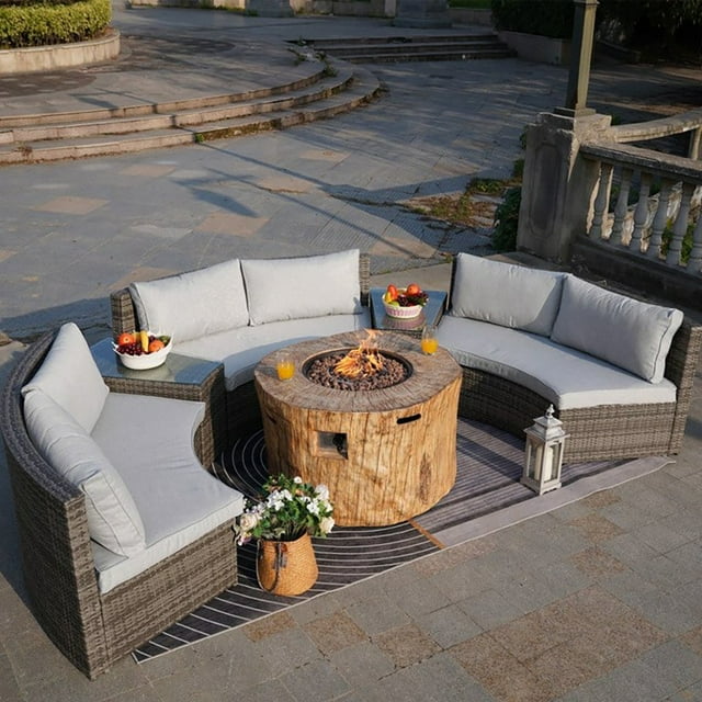 Outdoor Furniture 6-Piece Half-Moon Wicker Sectional Sofa Set with Round Fire Pit Table, Grey