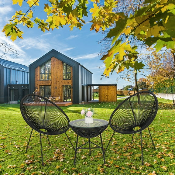 Outdoor Furniture Bistro Table Set, BTMWAY 3-Piece Wicker Patio Furniture Sets with Coffee Table, All-Weather Oval Acapulco Chairs Set, Modern Chaise Lounge Conversation Set for Garden Balcony, Black