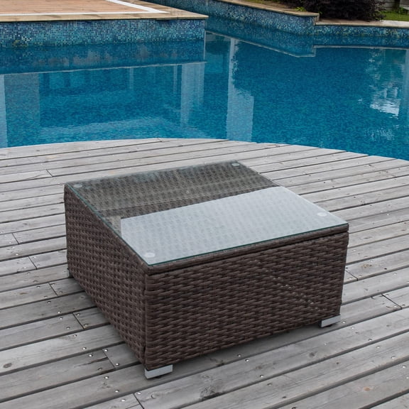 Outdoor Furniture Brown Wicker Glass-Top Coffee Table for Expanding Sectional Sofa Set for Garden, Pool, Backyard