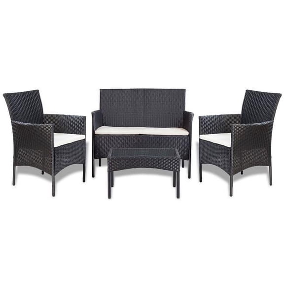 Outdoor Furniture Cushioned Lounge Sofa & Table Set Wicker Poly Rattan - Black - 4 Piece