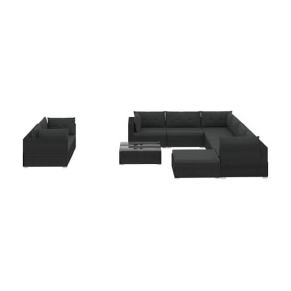 Outdoor Furniture Lounge Set, PE Wicker Poly Rattan - Black - 10 Pieces