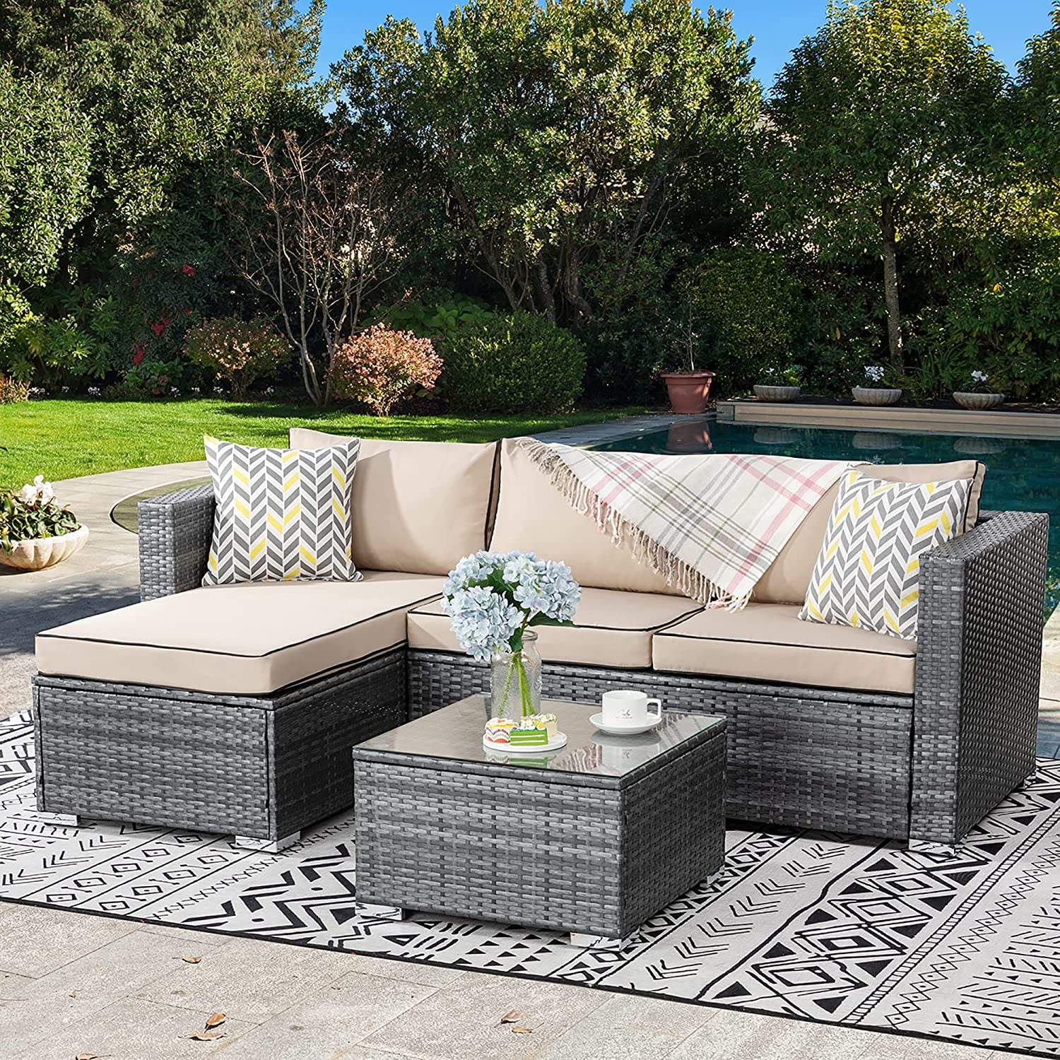 Outdoor Furniture Patio Sets Low Back AllWeather Small Rattan Sectional Sofa with Tea Table