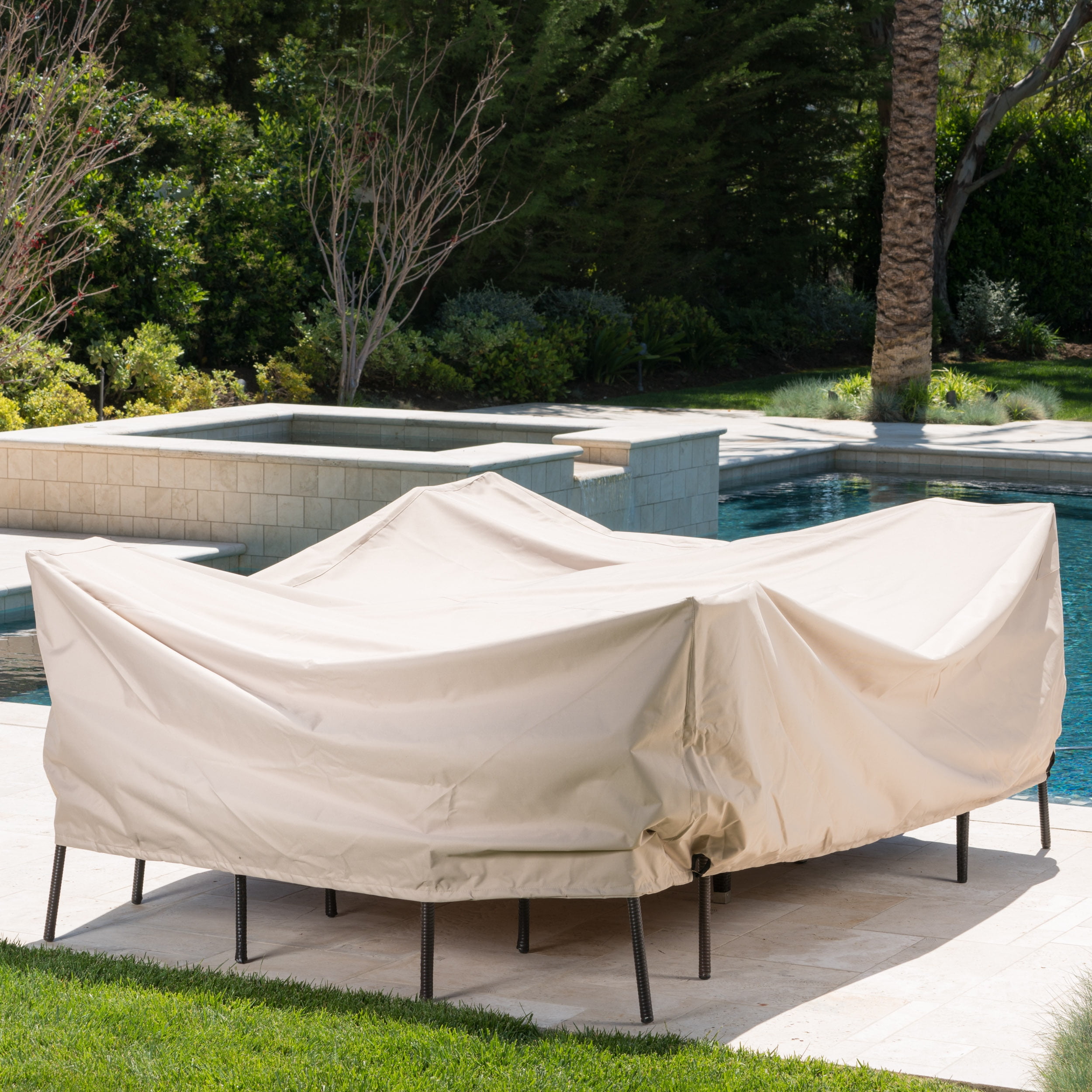Outdoor Furniture Protective Cover, Waterproof Dining Table Dust Cover for Patio Garden, Beige