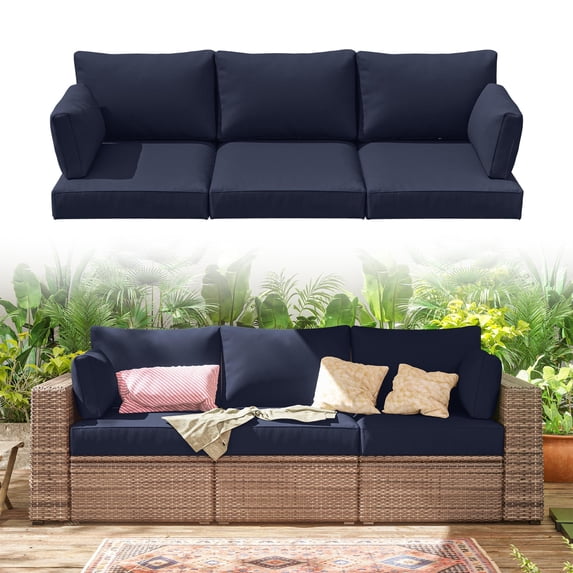 Pakunoda Outdoor Cushions Replacement, 8 Piece Sectional Cushion Fits 3-Seat, 4” Foam Deep Seat, for Patio Rattan Wicker Replacement Cushion, Liner&Cover, Navy Blue