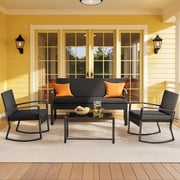 Outdoor Furniture Set for 4, Patio Conversation Set with Patio Rocking Chairs, Rattan Loveseat, Bistro Coffee Table, Rem