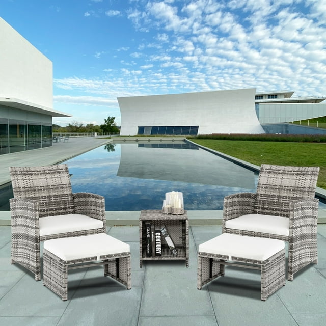 Outdoor Furniture Set of 5, Patio Wicker Conversation Sets with Arm Lounge Chair, Coffee Table and Ottomans, Accent Chair with Ottoman Set for Living Room, Garden, Balcony, Backyard,TR02