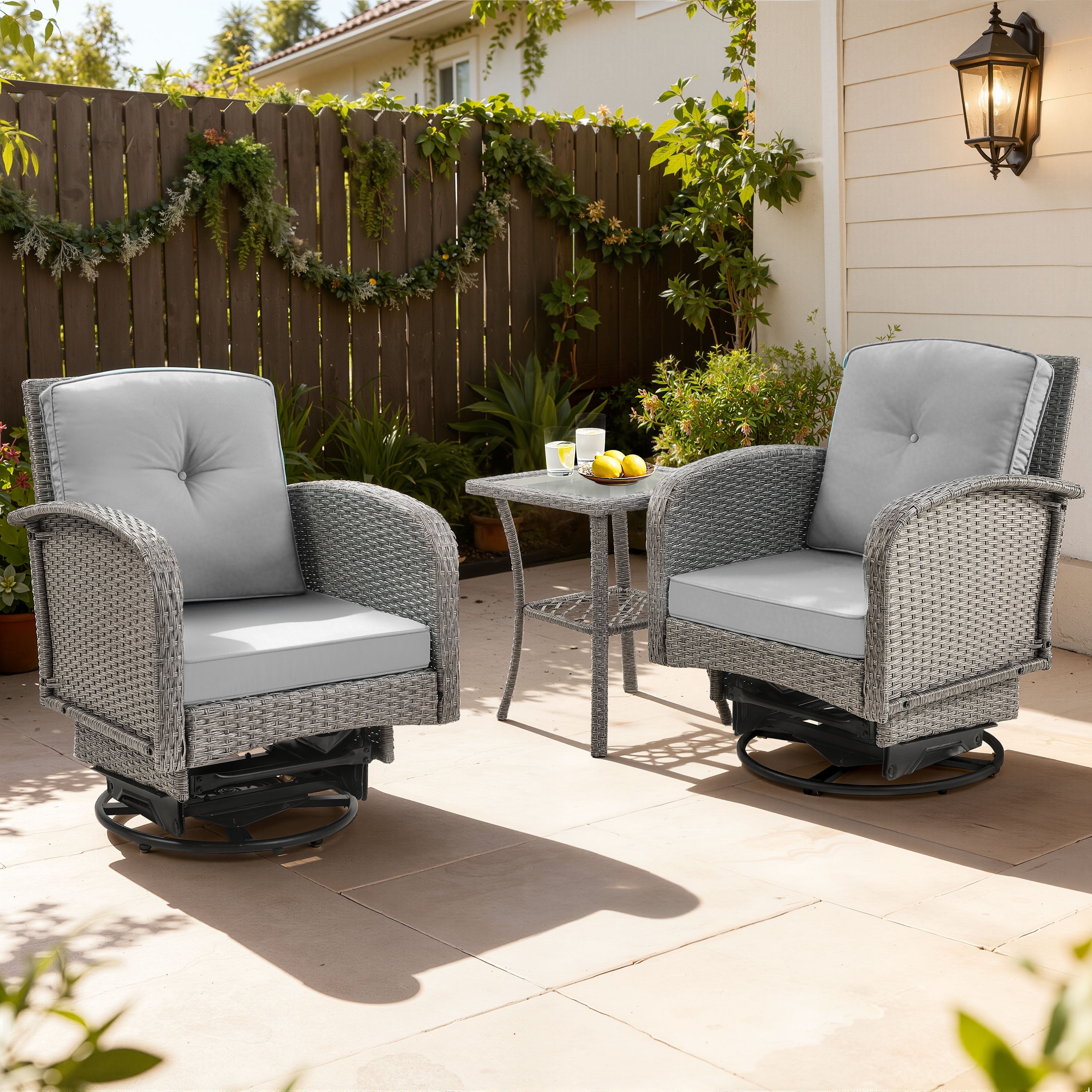 3 Piece Outdoor Bistro Swivel Chairs Set, Patio Bistro Set w/ 360° Swivel Rocking Chairs & Table, All-Weather Conversation Set with Metal Frame for Patio Backyard Porches or Garden - Light Gray