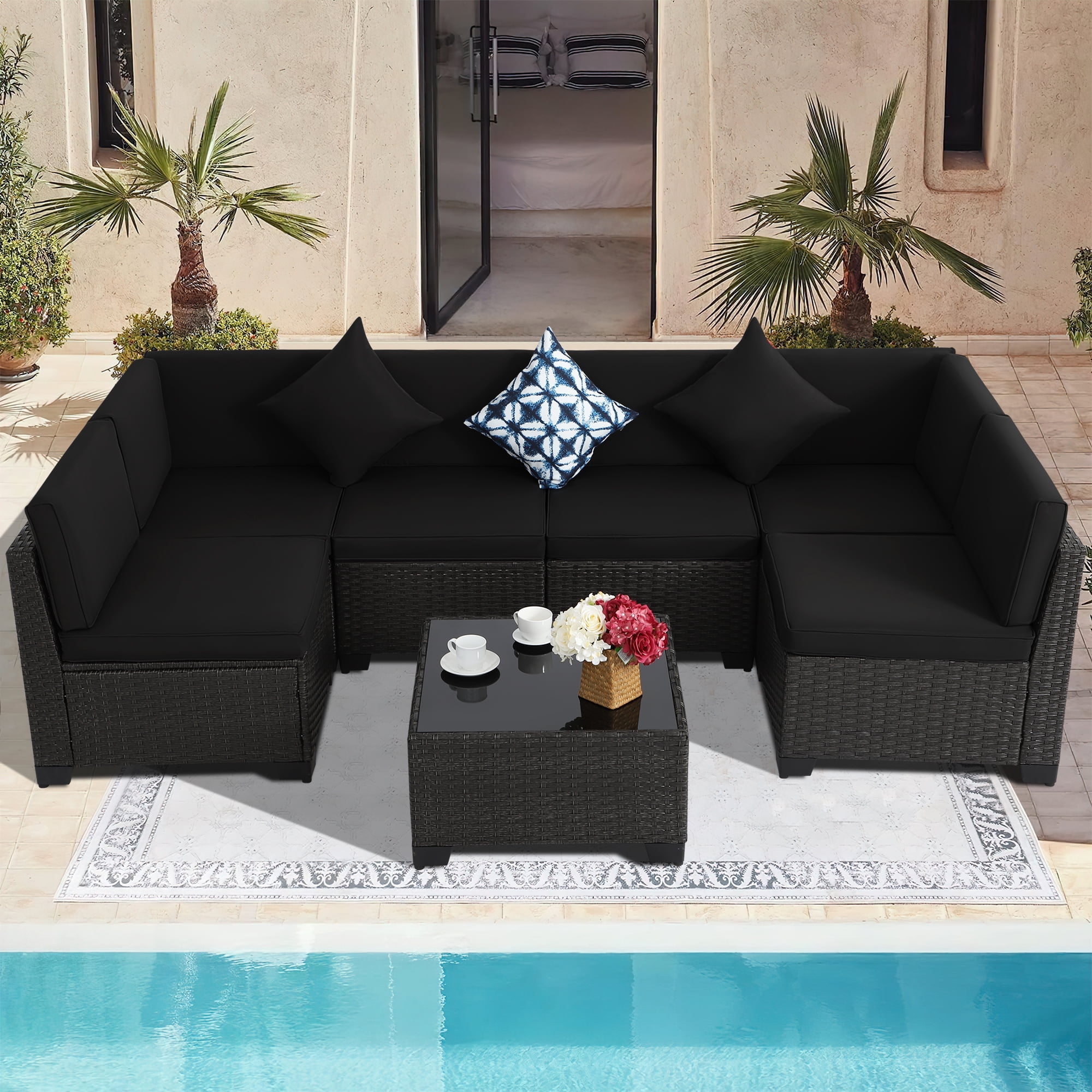 Outdoor Furniture Set, 7pcs Patio Sectional Sofa Slant Back Wicker