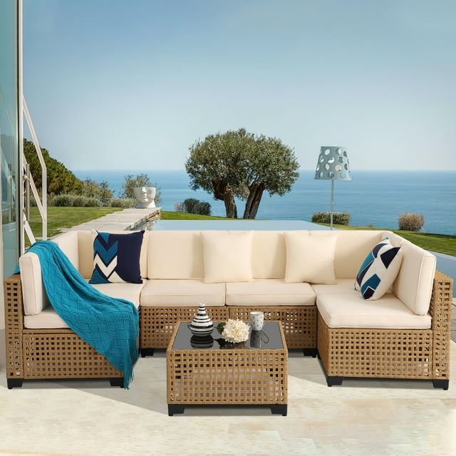 KIGOTY 7-Piece Outdoor Patio Set with Soft Cushions, Glass Table, PE