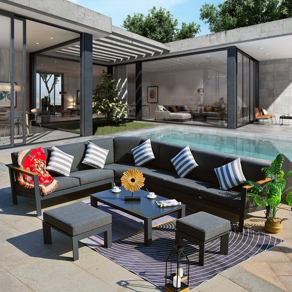 Outdoor Furniture Set L-Shape 7-Piece Sectional Sofa Patio Conversation Set - Black Olefin