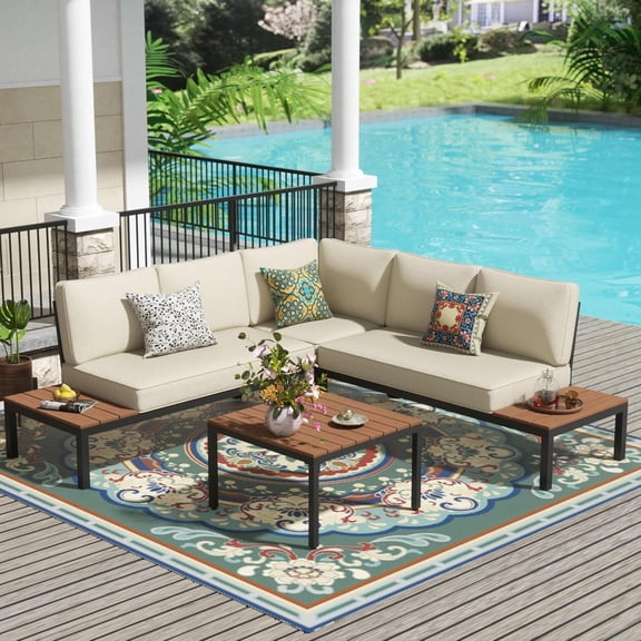 Outdoor Furniture Set, L Shape Patio Sectional, Metal Corner Couch Sofa Set with Side Tables, Detachable Backrest, Fauxwood Coffee Table, Beige Olefin Cushions for Garden Deck