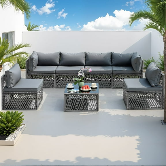 Outdoor Furniture Set, Patio Rattan Wicker Furniture Conversation Set with Cushions and Coffee Table, Garden Terrace Deck Sectional Sofa Set