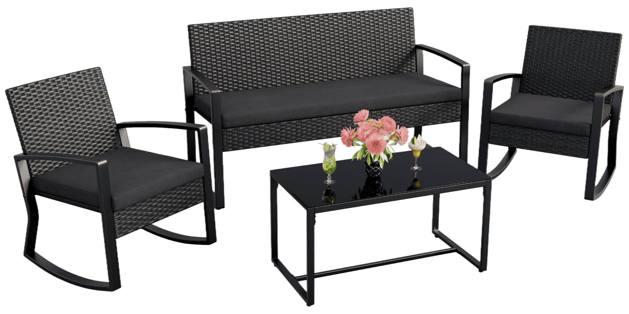 Lofka 4PCS Patio Furniture Set Rocking Chairs Glass Coffee Table Black