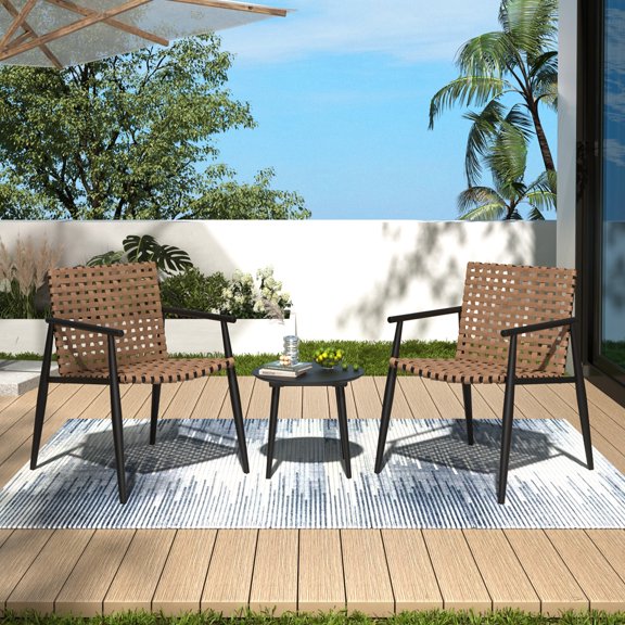 Outdoor Furniture Sets, Modern Outdoor Chat Set: 2 PE Rattan Chairs + Black Steel & Tempered Glass Side Table - Durable & Stylish, Black+Brown Patio Furniture Sets,Patio Dining Sets