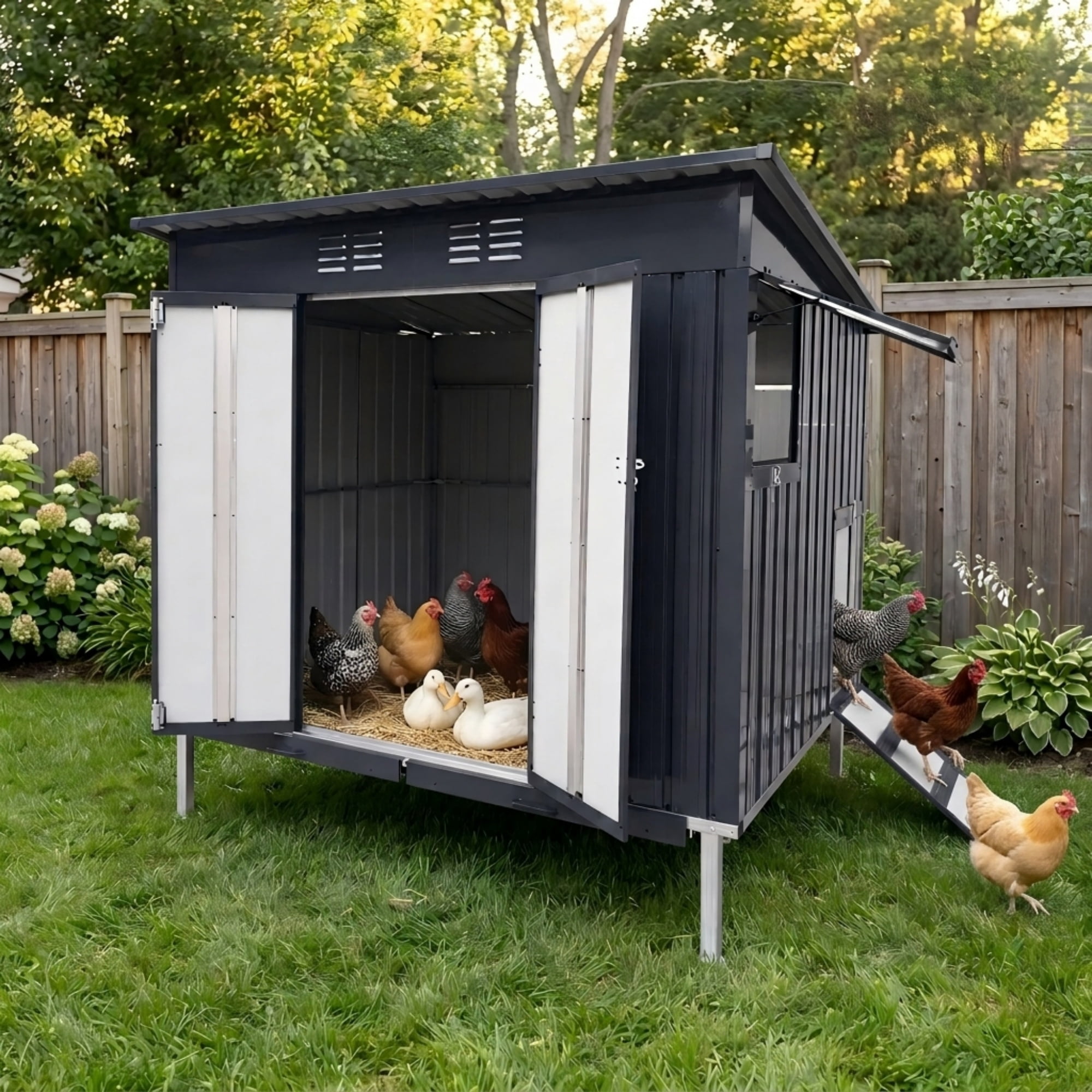 Outdoor Galvanized Metal Chicken Coop with Pull-Out Waste Trays and Adjustable Vent Window, Weatherproof Poultry Cage for Backyard, Charcoal Grey