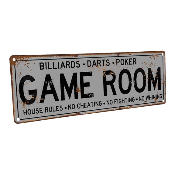 Outdoor Game Room House Rules 4"x12" Metal Sign, Wall Décor for Mancave, Den, and Gameroom