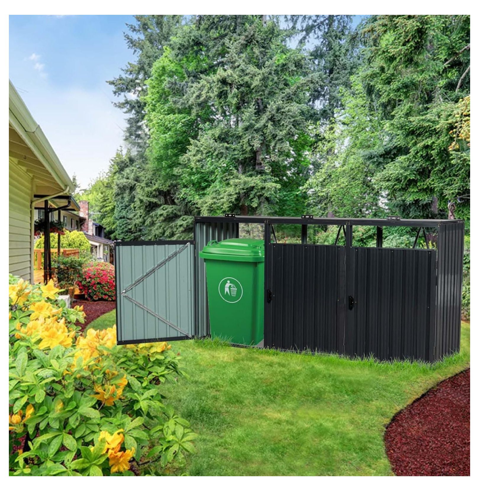 Outdoor Garbage Bin Storage Shed Stores 3 Trash Cans, Metal Bin Shed