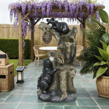 Outdoor Garden Accessories, Outdoor Fountain, 3-Tier Resin Resin Bears and Honey Beehive Outdoor Waterfall Fountain with LED Lights, Pump, Black,Brown Garden Accessories,Backyard Garden Accessories