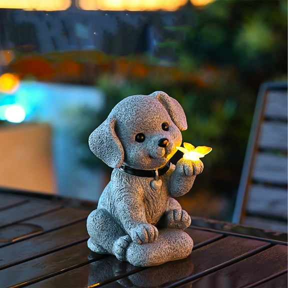 Outdoor Garden Animal Ornament Solar Light, Resin Dog and Butterfly Courtyard Lamp, Weather Resistant Solar Powered Yard Decoration, Soft Bright Lighting for Garden Patio Flower Bed