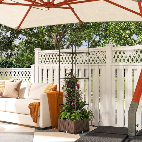 Outdoor Garden Arch Outsunny Raised Garden Bed with Trellis, Self-Watering Planter Box, 69.7" Tomato Planters for Climbing Plants Vegetable Vine Flowers,Wooden Garden Arch