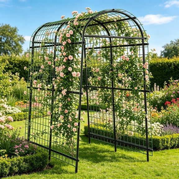 Outdoor Garden Arch Trellis with Climbing Net and Plant Ties, Heavy-Duty PE-Coated Metal Arbor for Cucumbers, Grapes, Roses and Climbing Vines