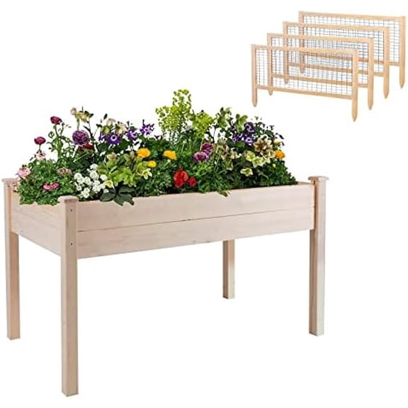 Outdoor Garden Bed Set with Wooden Raised Garden Bed and Fence Garden Bed, Patio Planter Kit Box Grow for Deck Balcony Vegetables Flowers Gardening$$Garden & Patio