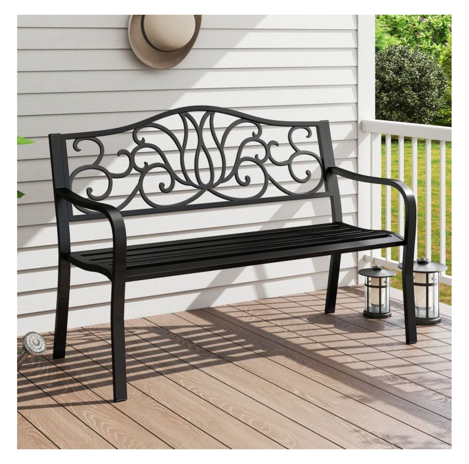 Outdoor Garden Bench 50 Inch, Metal Patio Bench with Floral Backrest ...