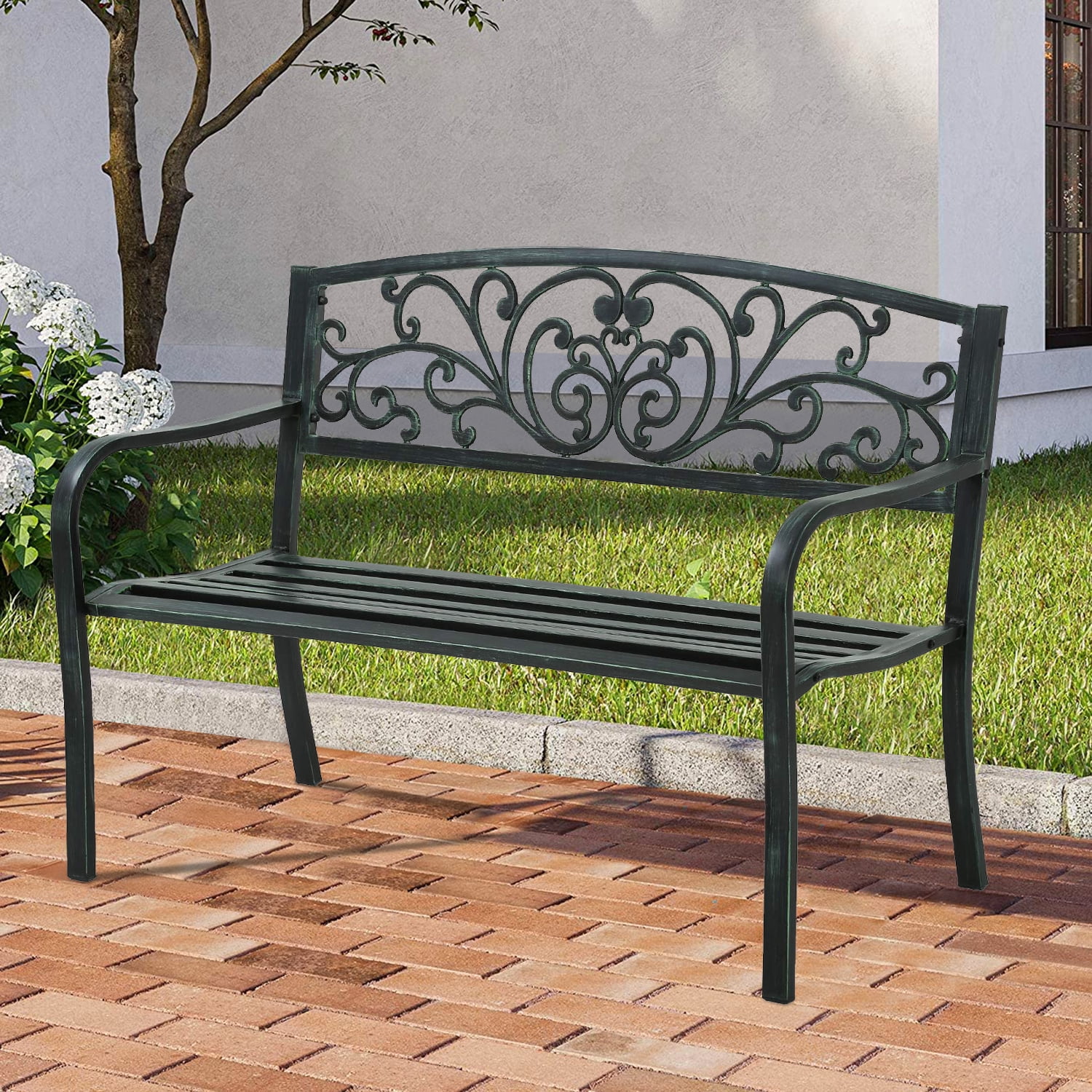 Outdoor Garden Bench Patio Bench with Back and Cast Iron Armrest, 50 ...
