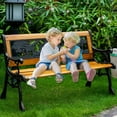 thumbnail image 1 of Outdoor Garden Bench Patio Bench for Kids, Small Park Bench with  Cast Iron Armrest  Metal Wood Bench for  Children, Bronze, 1 of 9