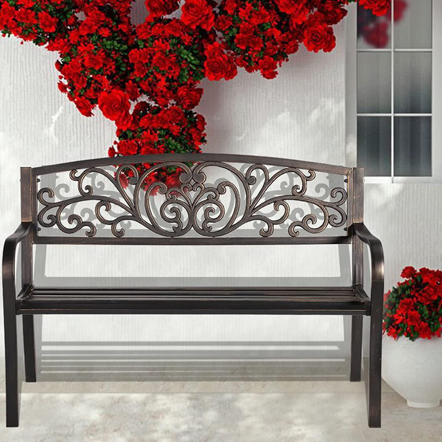 "Outdoor Metal Garden Bench, Patio Park Bench with Back and Armrest, 50 ...