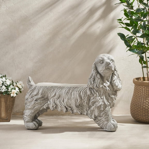 Outdoor Garden Bench Statue | Traditional Cocker Spaniel | Cast Stone Slate Gray | Weather-Resistant for Patio | Gray | Magnesium Oxide