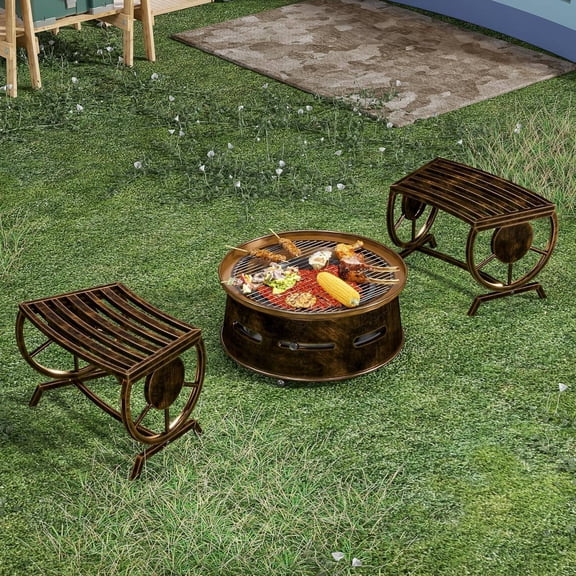 Outdoor Garden Bench with Built-in Flip-Down Table, Wagon Wheel Arms, 3-Person Seating, Bronze Finish