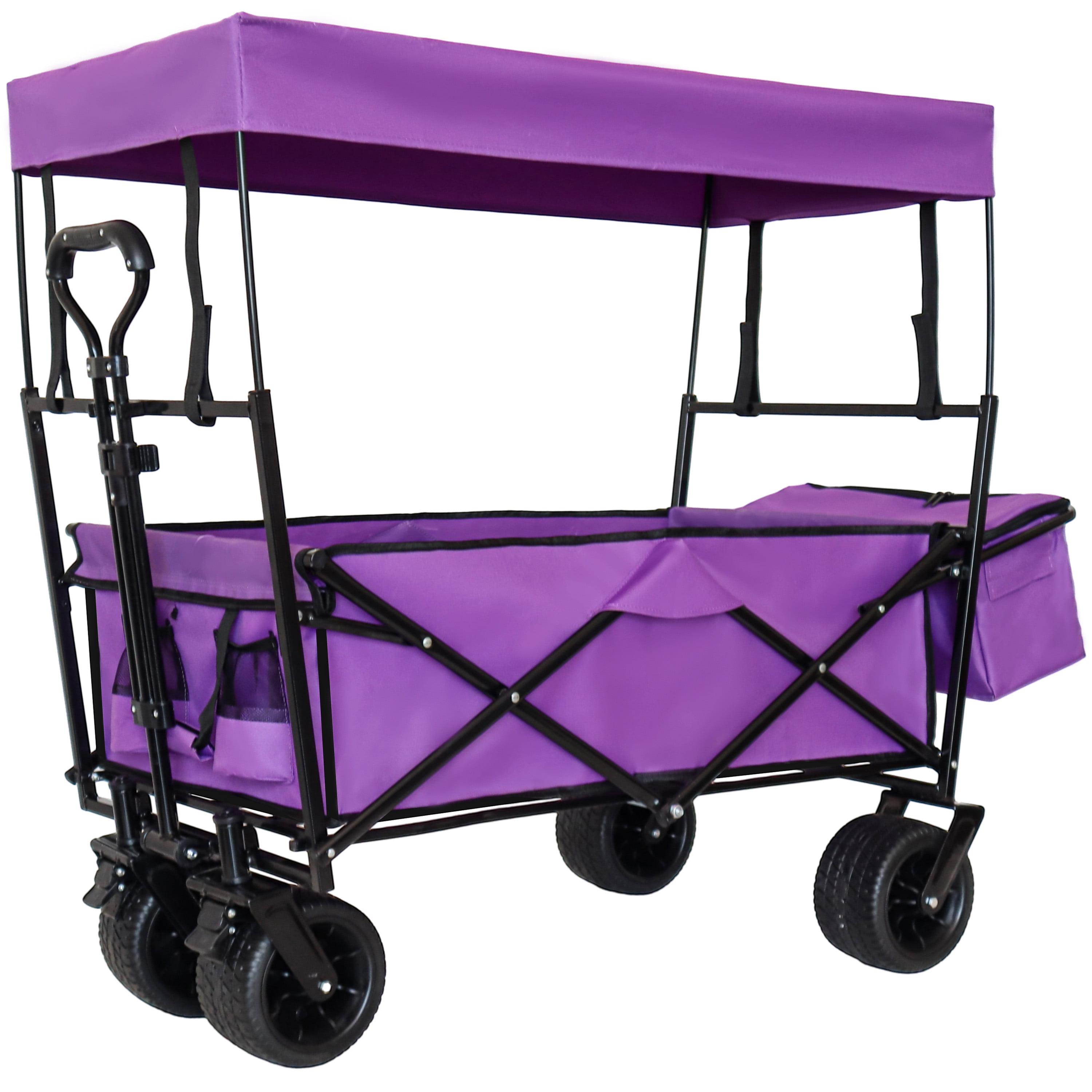 480Lbs Capacity Foldable Wagon with Canopy, 7" All-Terrain Wheels Collapsible Utility Cart for Camping, Shopping & Outdoor Use, Purple