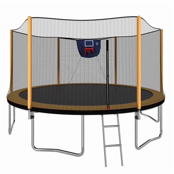 Outdoor Garden, Daily Recreation, Sports Equipment, Premium Steel Frame, Trampoline, 14 Feet, Powder Coated with Basketball Hoop, Inflator & Ladder (Exterior Safety Fence), Orange