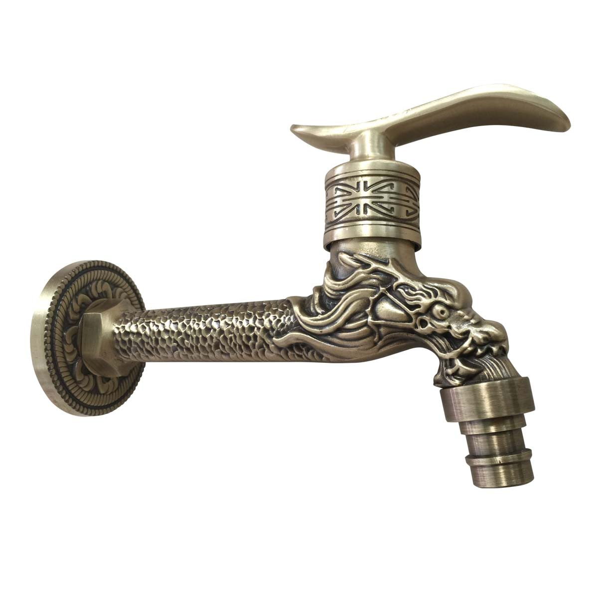 Outdoor Garden Faucet Bathroom Sink Tap Antique Brass Dragon Design Wall Mount Spigot Spout Tap w/Decorative Wall Flange 5.5 L x 4 H | Renovators Supply