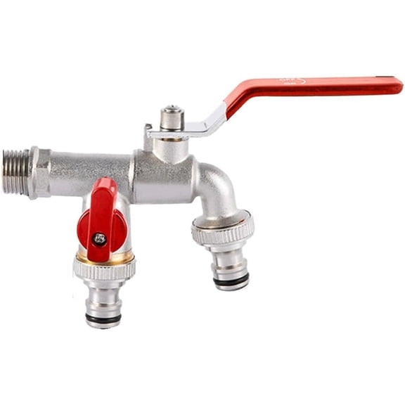 Outdoor Garden Faucet - Double-Handle Brass Tap with Extended Spout, Frost Resistant (-10C to 120C), 1/2 Inch Inlet, 3/4 Inch Outlets