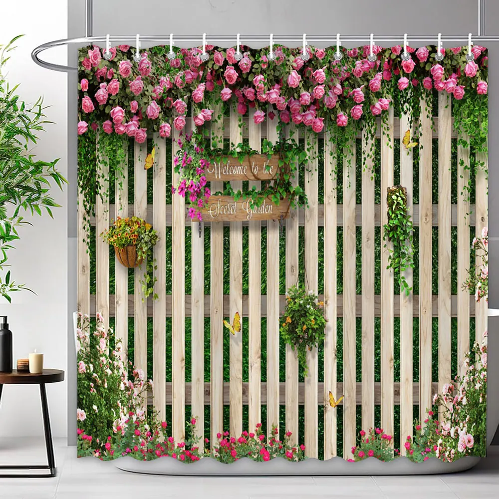Outdoor Garden Fence Flower Shower Curtain Rustic Garden Wall Natural ...