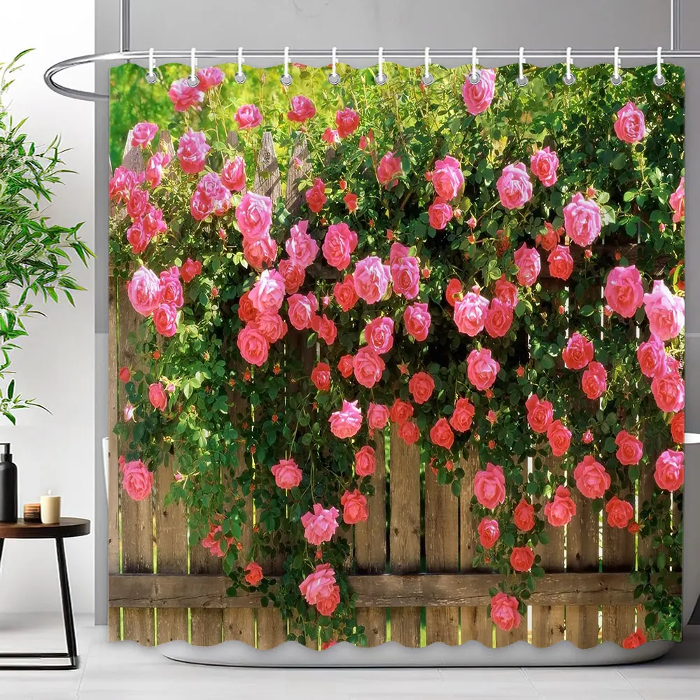 Outdoor Garden Fence Flower Shower Curtain Rustic Garden Wall Natural