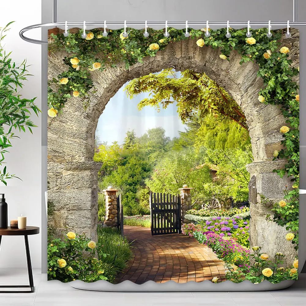 Outdoor Garden Fence Flower Shower Curtain Rustic Garden Wall Natural Landscape Polyester Fabric ...