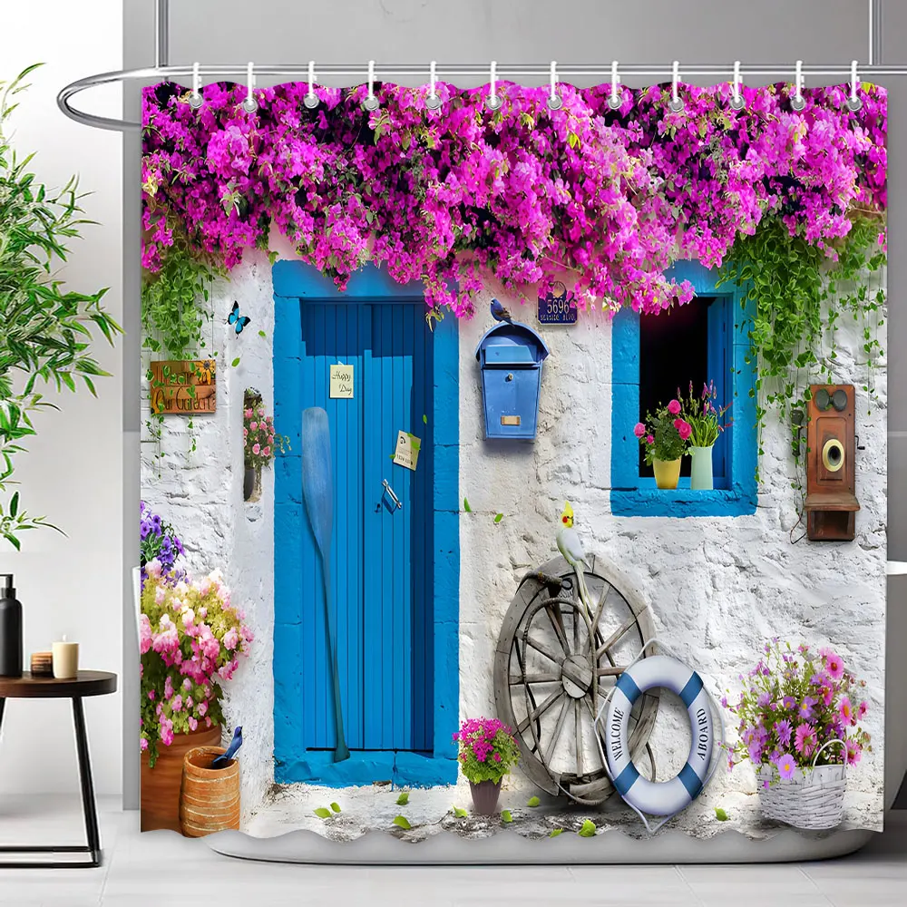 Outdoor Garden Fence Flower Shower Curtain Rustic Garden Wall Natural ...