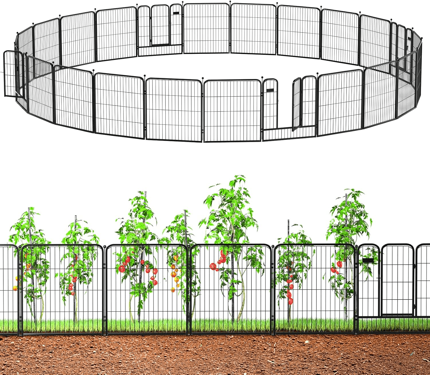Outdoor Garden Fence with Gate 24 Pack 32in (H) x 55ft (L), Heavy Duty Metal, Decorative Outdoor Yard Fencing for Dogs, Temporary Dog Fence for Backyard, Patio, Garden