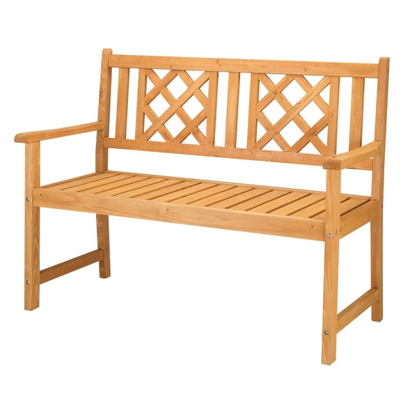Outdoor Garden Fir Wood Bench - 46" Burlywood Grid Back Patio Seating, Weather-Resistant, Folding Design