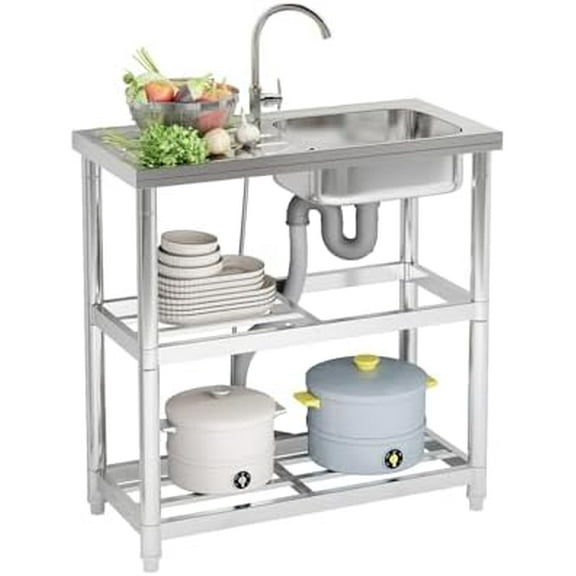 Outdoor Garden Free Standing Stainless Steel Sink, Single Bowl Washing Hand Basin Station Sink, with & Drainboard Storage Shelves for Camping, Garage, Restaurant, Kitchen, Bar, Backyard