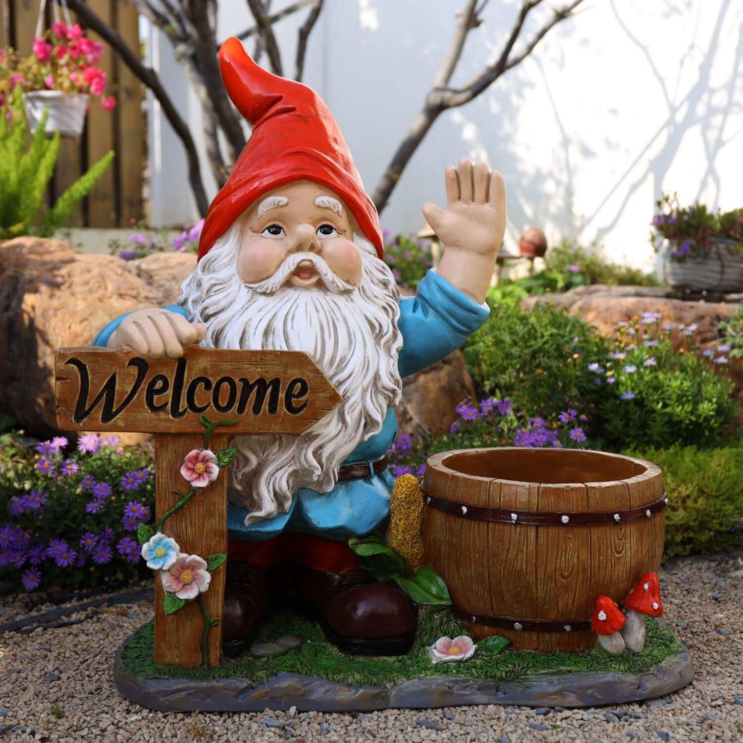 Outdoor Garden Gnome Flower Pot Planter with Welcome Sign, Unique Yard Statue for Patio, Lawn, Garden, Front Porch Decor, Red