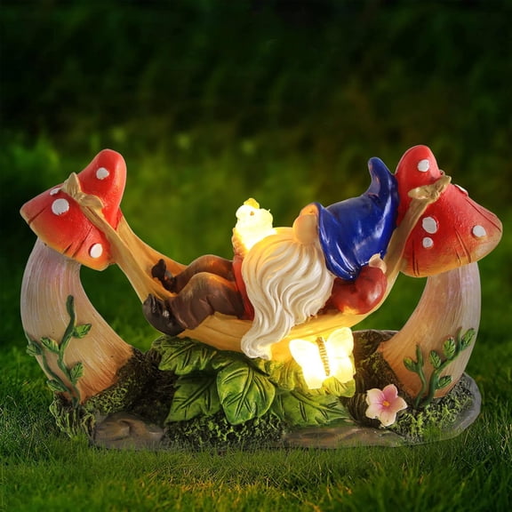 Outdoor Garden Gnome Statue,Solar Gnomes Figurine Lying on Hammock with Bird and Mushrooms,Outdoor Garden Decoration for Patio Yard Lawn Porch,Gifts for Mom/Grandma/Women$$Garden & Patio
