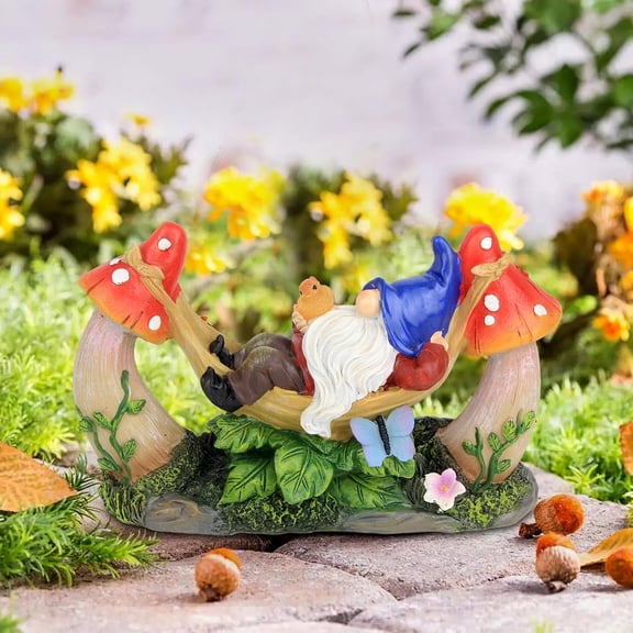 Outdoor Garden Gnome Statue,Solar Gnomes Figurine Lying on Hammock with Bird and Mushrooms,Outdoor Garden Decoration for Patio Yard Lawn Porch,Gifts for Mom/Grandma/Women$$Garden & Patio