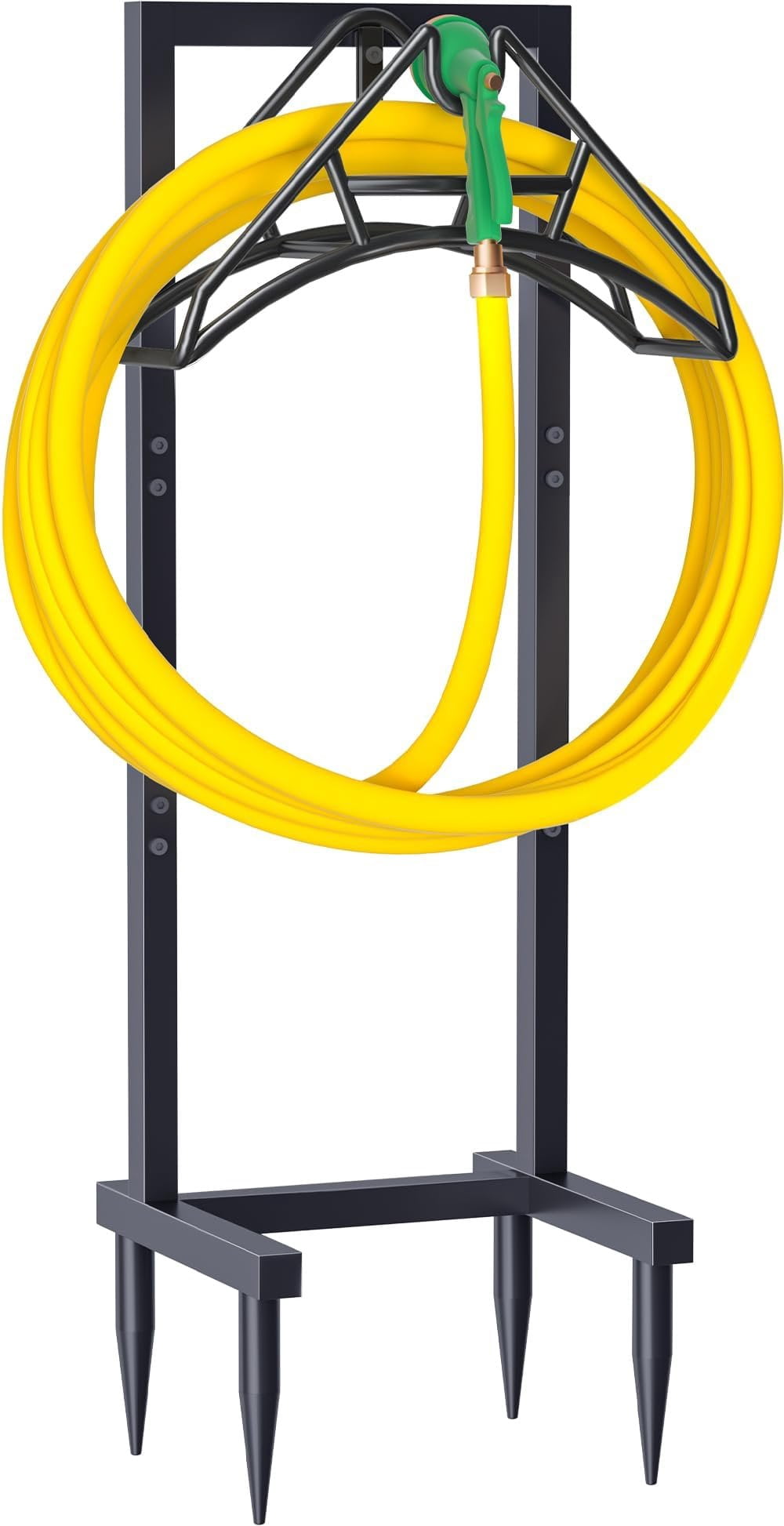 Outdoor Garden Hose Holder Freestanding with 4 Spikes, Heavy Duty Metal Water Hose Reel Stand Hanger Rack Organizer Holds Storage 150ft Hose for Outside Yard Lawn, Black