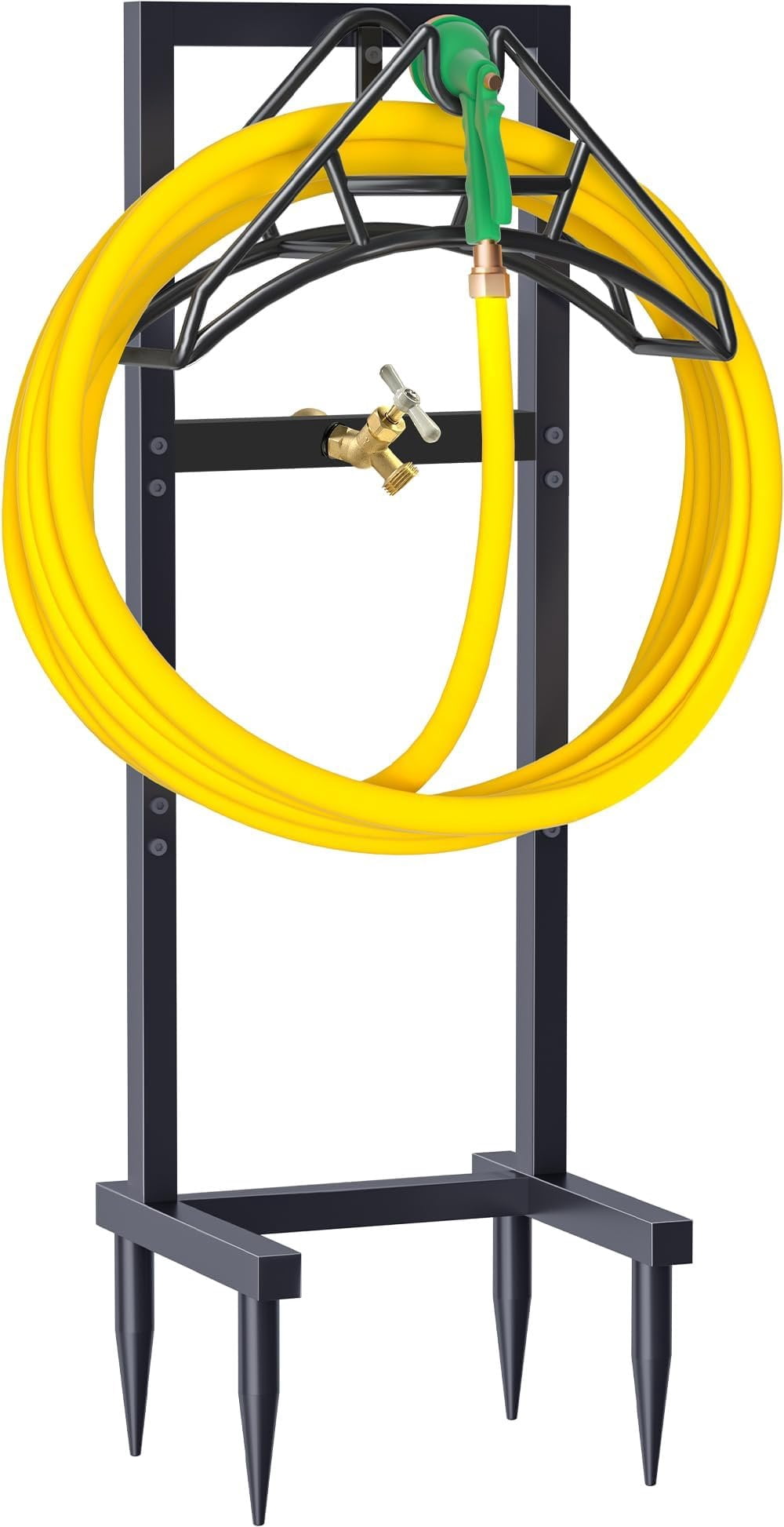 Outdoor Garden Hose Holder Freestanding with Brass Faucet And 4 Spikes, Heavy Duty Metal Water Hose Reel Stand Hanger Rack Organizer Holds Storage 150ft Hose for Outside Yard Lawn, Black